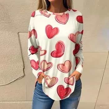 Футболки для женщин Повседневные рубашки с круглым вырезом и длинным рукавом с принтом ко Дню святого Валентина Топ-пуловер L бежевый