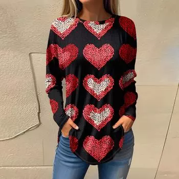 Футболки для женщин Повседневные рубашки с круглым вырезом и длинным рукавом с принтом ко Дню святого Валентина Топ-пуловер L чёрный