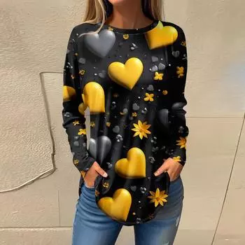 Футболки для женщин Повседневные рубашки с круглым вырезом и длинным рукавом с принтом ко Дню святого Валентина Топ-пуловер L чёрный