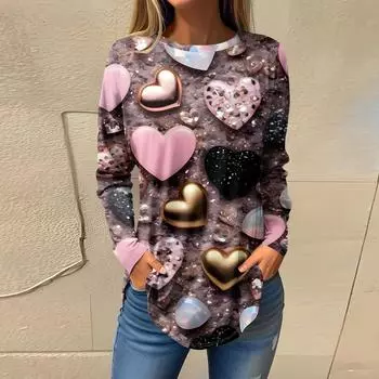 Футболки для женщин Повседневные рубашки с круглым вырезом и длинным рукавом с принтом ко Дню святого Валентина Топ-пуловер L чёрный