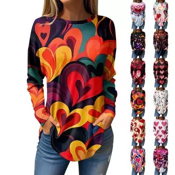 Футболки для женщин Повседневные рубашки с круглым вырезом и длинным рукавом с принтом ко Дню святого Валентина Топ-пуловер L чёрный