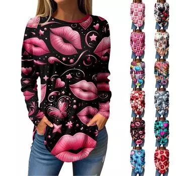 Футболки для женщин Повседневные рубашки с круглым вырезом и длинным рукавом с принтом ко Дню святого Валентина Топ-пуловер L чёрный