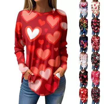 Футболки для женщин Повседневные рубашки с круглым вырезом и длинным рукавом с принтом ко Дню святого Валентина Топ-пуловер L бежевый