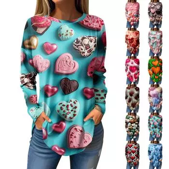 Футболки для женщин Повседневные рубашки с круглым вырезом и длинным рукавом с принтом ко Дню святого Валентина Топ-пуловер L чёрный