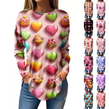 Футболки для женщин Повседневные рубашки с круглым вырезом и длинным рукавом с принтом ко Дню святого Валентина Топ-пуловер L чёрный