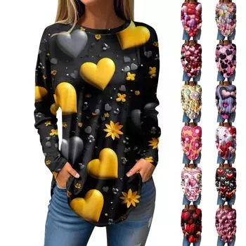 Футболки для женщин Повседневные рубашки с круглым вырезом и длинным рукавом с принтом ко Дню святого Валентина Топ-пуловер L чёрный