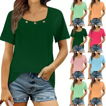 Футболки для женщин, повседневные рубашки с квадратным вырезом и коротким рукавом, топ-пуловер, весна и лето L темно-зеленого