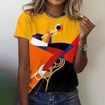 Футболки для женщин с геометрическим принтом, модные повседневные женские летние футболки с коротким рукавом и круглым вырезом, женская одежда XXS