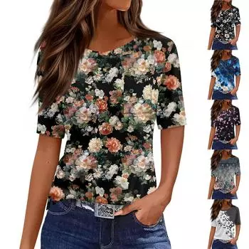 Футболки для женщин с круглым вырезом, нарядные повседневные блузки с принтом, короткие рукава, летние топы свободного кроя S