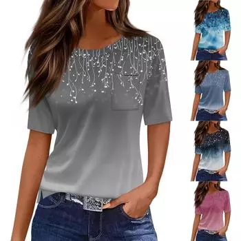 Футболки для женщин с круглым вырезом, нарядные повседневные блузки с принтом, короткие рукава, летние топы свободного кроя L темно-синий