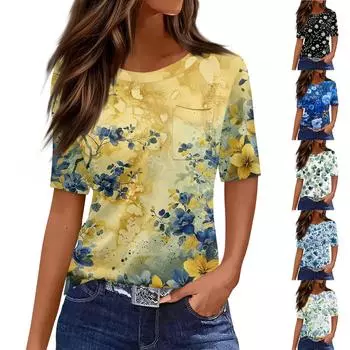 Футболки для женщин с круглым вырезом, нарядные повседневные блузки с принтом, короткие рукава, летние топы свободного кроя L чёрный
