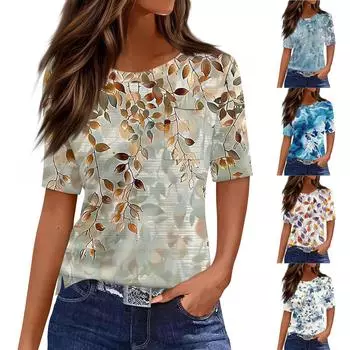 Футболки для женщин с круглым вырезом, нарядные повседневные блузки с принтом, короткие рукава, летние топы свободного кроя L синий