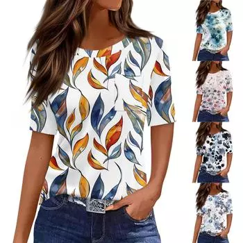 Футболки для женщин с круглым вырезом, нарядные повседневные блузки с принтом, короткие рукава, летние топы свободного кроя XL
