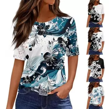 Футболки для женщин с круглым вырезом, нарядные повседневные блузки с принтом, короткие рукава, летние топы свободного кроя L чёрный