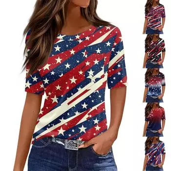 Футболки для женщин с круглым вырезом, нарядные повседневные блузки с принтом, короткие рукава, летние топы свободного кроя XL синий