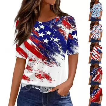 Футболки для женщин с круглым вырезом, нарядные повседневные блузки с принтом, короткие рукава, летние топы свободного кроя L синий