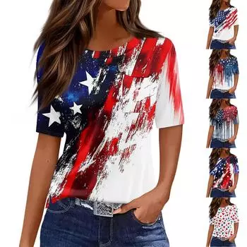 Футболки для женщин с круглым вырезом, нарядные повседневные блузки с принтом, короткие рукава, летние топы свободного кроя L