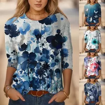 Футболки для женщин, весна-лето, блузка с цветочным принтом, круглый вырез, рукав три четверти, удобные футболки для женщин, горячая распродажа 6XL