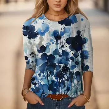 Футболки для женщин, весна-лето, блузка с цветочным принтом, круглый вырез, рукав три четверти, удобные футболки для женщин, горячая распродажа S