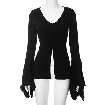 Футболки Goth Dark Fairy Grunge с расклешенными рукавами и V-образным вырезом, готические, с разрезом, сексуальные, с салатовым подолом, женские блузки Y2k, черные, тонкие, модные, альтернативные топы M чёрный