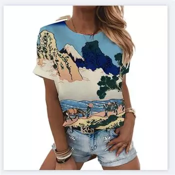 Футболки Harajuka с пейзажным принтом, женские универсальный пуловер с коротким рукавом, летние новые дизайнерские повседневные футболки с круглым вырезом, женские топы 5XL