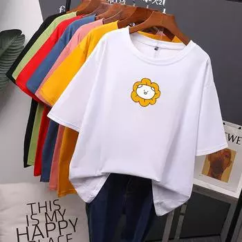 Футболки Harajuku для молодых девушек Y2K, новинка 2024 года, женские повседневные футболки с принтом подсолнечника, базовая футболка с круглым вырезом M чёрный