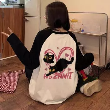 Футболки Harajuku из чистого хлопка с длинным рукавом и круглым вырезом 2025 года, весна-осень, цветные блоки, мультяшные женские повседневные футболки больших размеров, топы Y2k S