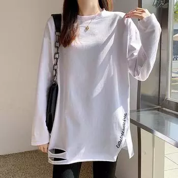 Футболки Harajuku из чистого хлопка с длинным рукавом и вышитыми буквами, женские осенние эстетические топы Y2k, повседневные свободные белые футболки M