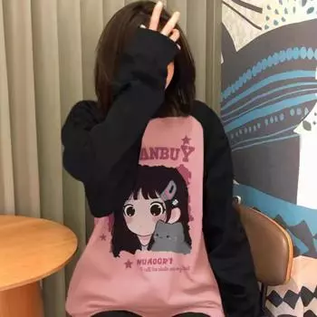 Футболки Harajuku с длинным рукавом и круглым вырезом, весна-осень, с героями мультфильмов и аниме, женские повседневные футболки большого размера, разноцветные, топы Y2k, уличная одежда M