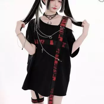 Футболки Harajuku, женский топ с перекрестной цепочкой, свободные модные футболки с открытыми плечами, лоскутная футболка Y2k, эстетическая футболка в стиле гранж S чёрный