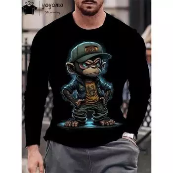 Футболки Hip Hop Monkey для мужчин Уличная мужская одежда Круглый вырез Мужские футболки с длинным рукавом для мужчин 3D-принт Мужская одежда Топы S