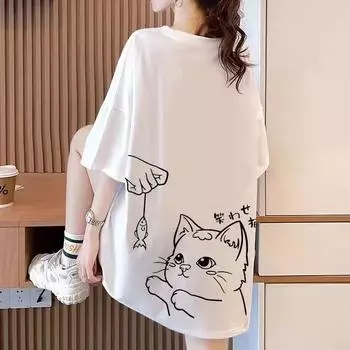 Футболки из чистого хлопка женские летние милые мультяшные принты хип-хоп уличная повседневная футболка женская Harajuku свободные короткие рукава белые топы Y2k M белый