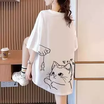 Футболки из чистого хлопка женские летние милые мультяшные принты хип-хоп уличная одежда XXXL белый