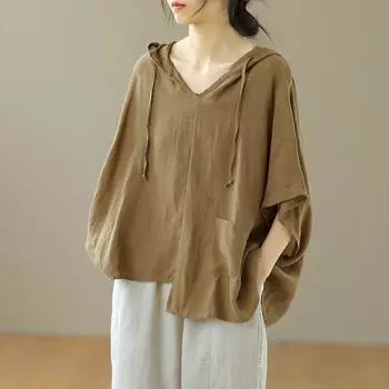 Футболки из хлопка и льна, женская модная футболка большого размера с капюшоном, повседневная свободная толстовка с коротким рукавом, летняя трендовая тонкая футболка для женщин XL дубильная кора