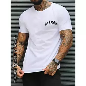 Футболки из хлопка Лос-Анджелес Футболка Летняя мужская спортивная фитнес-топы Футболки Мужская повседневная одежда с коротким рукавом из хлопка Модная уличная одежда с буквенным принтом M
