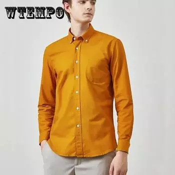 Футболки из хлопка Однотонные мужские рубашки Стрейчевый кардиган с длинным рукавом Рубашки на пуговицах Повседневная мужская одежда XXXXL оранжевый