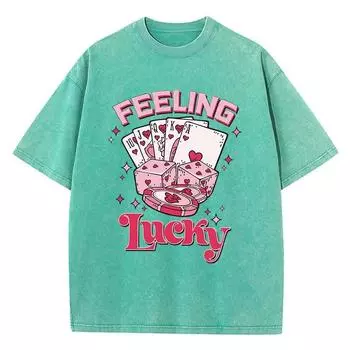 Футболки из хлопка с эффектом стирки «Feeling Lucky» Женские топы с принтом игральных костей для покера Удобные футболки оверсайз с круглым вырезом Женская одежда S