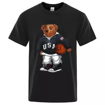 Футболки из хлопка в стиле ретро с минималистичным принтом медведя, летняя мужская футболка из 100% чистого хлопка, удобная, дышащая, повседневная, модная, мужская одежда для активного отдыха S