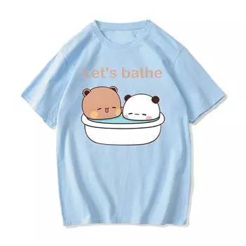 Футболки Kawaii Bear Panda Bubu и Dudu Let s Bathe с мультяшным принтом, футболка из 100% хлопка, футболки с короткими рукавами, милые футболки с круглым вырезом, повседневные аниме XS чёрный