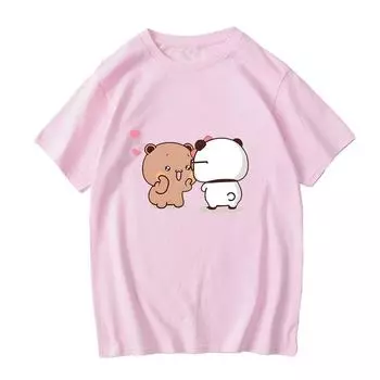Футболки Kawaii Bear Panda Bubu и Dudu Dudu Love Glasse Bubu, футболка с принтом, футболка из 100% хлопка, большие женские/мужские футболки с круглым вырезом, повседневные XS чёрный