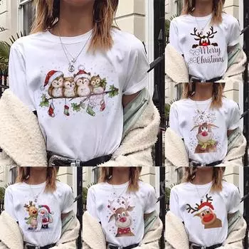 Футболки Kawaii Santa Claus, женские рождественские футболки с принтом животных в стиле Харадзюку с коротким рукавом, белые летние повседневные топы, свободные футболки S
