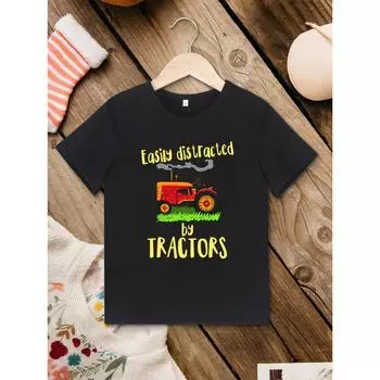 Футболки, которые мальчики любят, легко отвлекаются на тракторы. Забавные детские топы. Черная базовая футболка. Летние повседневные рубашки с коротким рукавом и круглым вырезом. 100cm