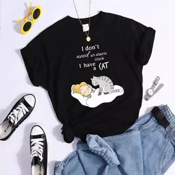 Футболки «Мне не нужен будильник, у меня есть кот», женские дышащие футболки в стиле хип-хоп, мягкие потные укороченные топы, уличная повседневная футболка S серый