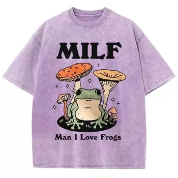 Футболки мужские и женские с принтом лягушки и гриба, унисекс, джинсовая ткань, большой размер, короткий рукав, винтажный топ, потертый S