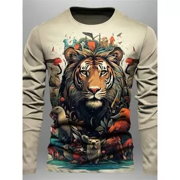 Футболки мужские с принтом «тигр-лев» в стиле аниме с 3D-принтом в стиле тай-дай, с градиентным узором, с длинным рукавом и круглым вырезом, свободные повседневные футболки S