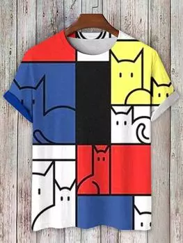 Футболки мужские с рисунком кота Мондриана с принтом 3D женская футболка модная футболка с коротким рукавом и круглым вырезом топ уличная мужская одежда S