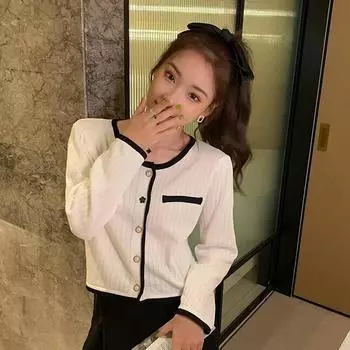 Футболки на пуговицах для девочек, черные, белые, топы, футболки с длинным рукавом, женские футболки, модные трикотажные футболки с круглым вырезом M чёрный