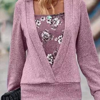 Футболки осень-зима модные женские трикотажные чистые с V-образным вырезом и длинными рукавами поддельные двухкомпонентные топы женские S хаки