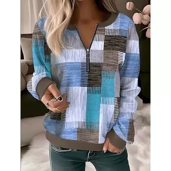 Футболки осень-зима с принтом и V-образным вырезом на молнии для женщин, топы с длинными рукавами, свободные трикотажные футболки S