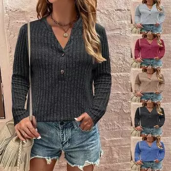 Футболки осень-зима женские в полоску, повседневные, с пуговицами, V-образным вырезом, длинными рукавами S чёрный